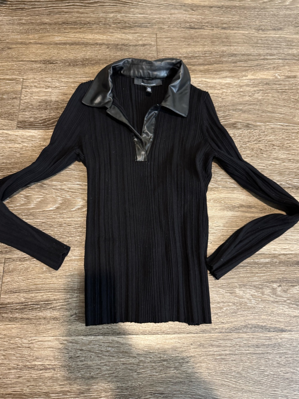 White House Black Market Black Ribbed Long-Sleeve Top with Faux Leather Collar